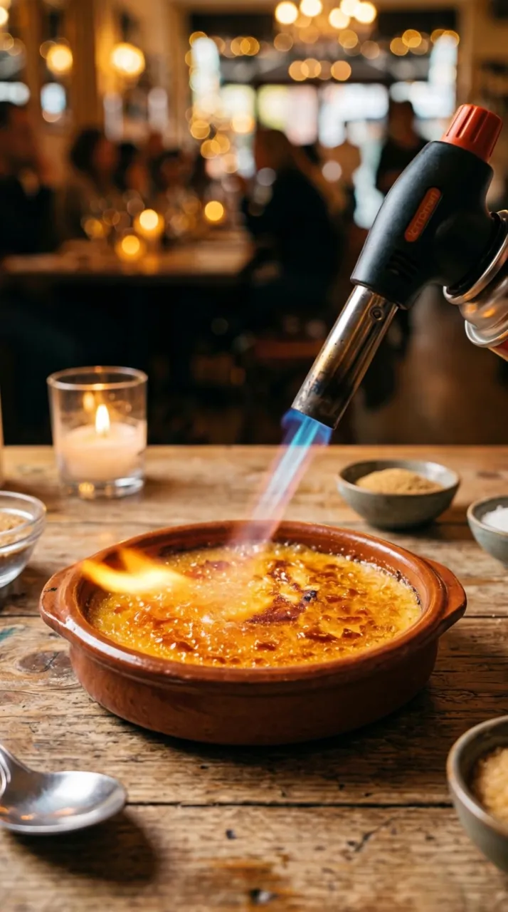 Crème brûlée wird flambiert