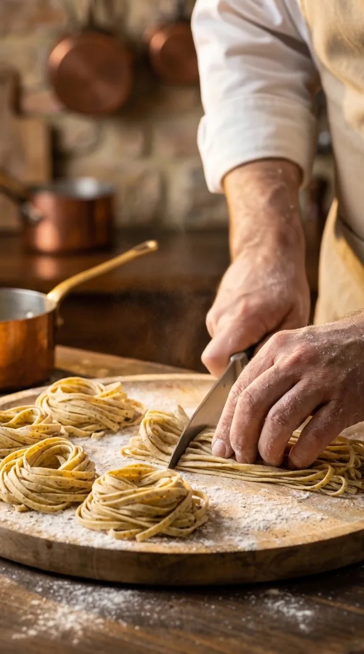 Frische Pasta wird von Hand geschnitten
